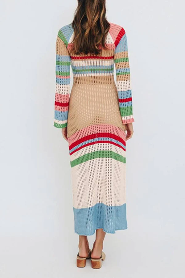 Casual Elegant Patchwork Hollowed Out Contrast U Neck Dresses - Panekey