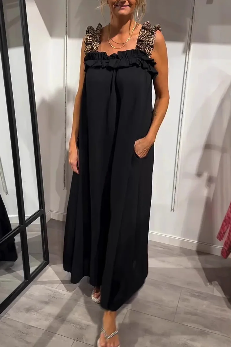 Casual Leopard Pocket Patchwork Flounce Square Neck Long Dresses(8 Colors) - Panekey