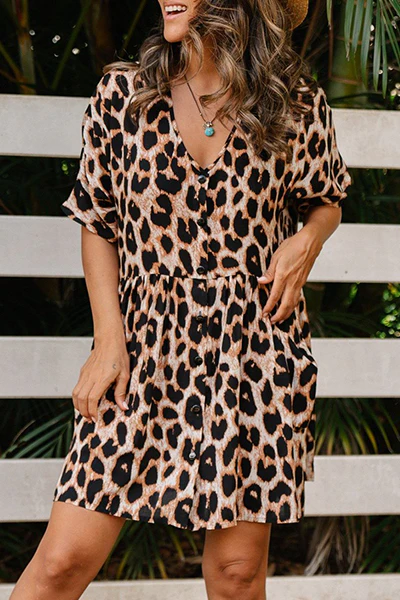 Casual Leopard Buckle Flounce V Neck A Line Dresses - Panekey