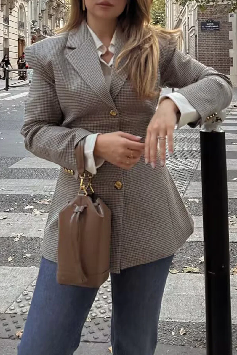 Casual Plaid Buttons Patchwork Contrast Turn-back Collar Outerwear - Panekey