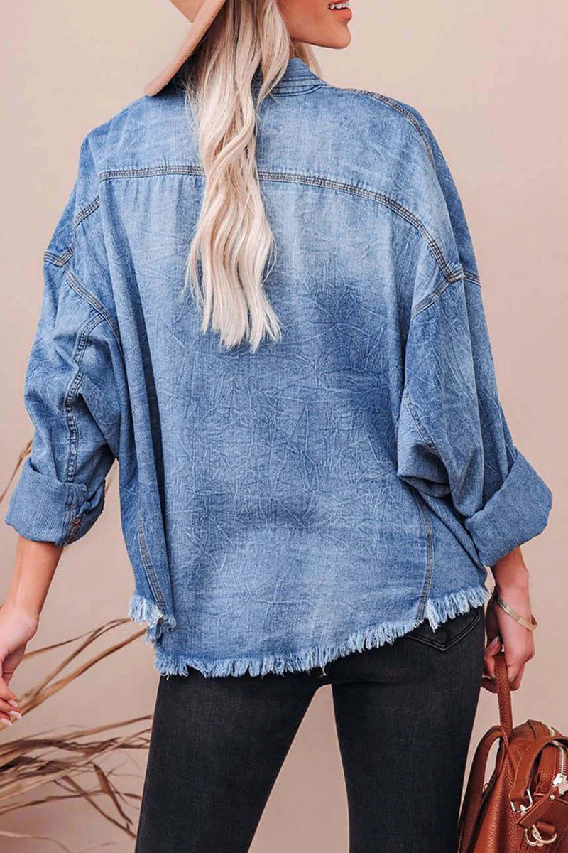 Casual Daily Gradient Color Pocket Contrast Turndown Collar Blouses - Panekey