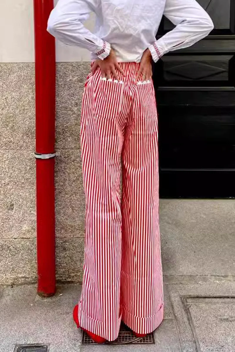 Casual Daily Plaid Stripe Pocket Loose High Waist Straight Full Print Bottoms(4 Colors) - Panekey