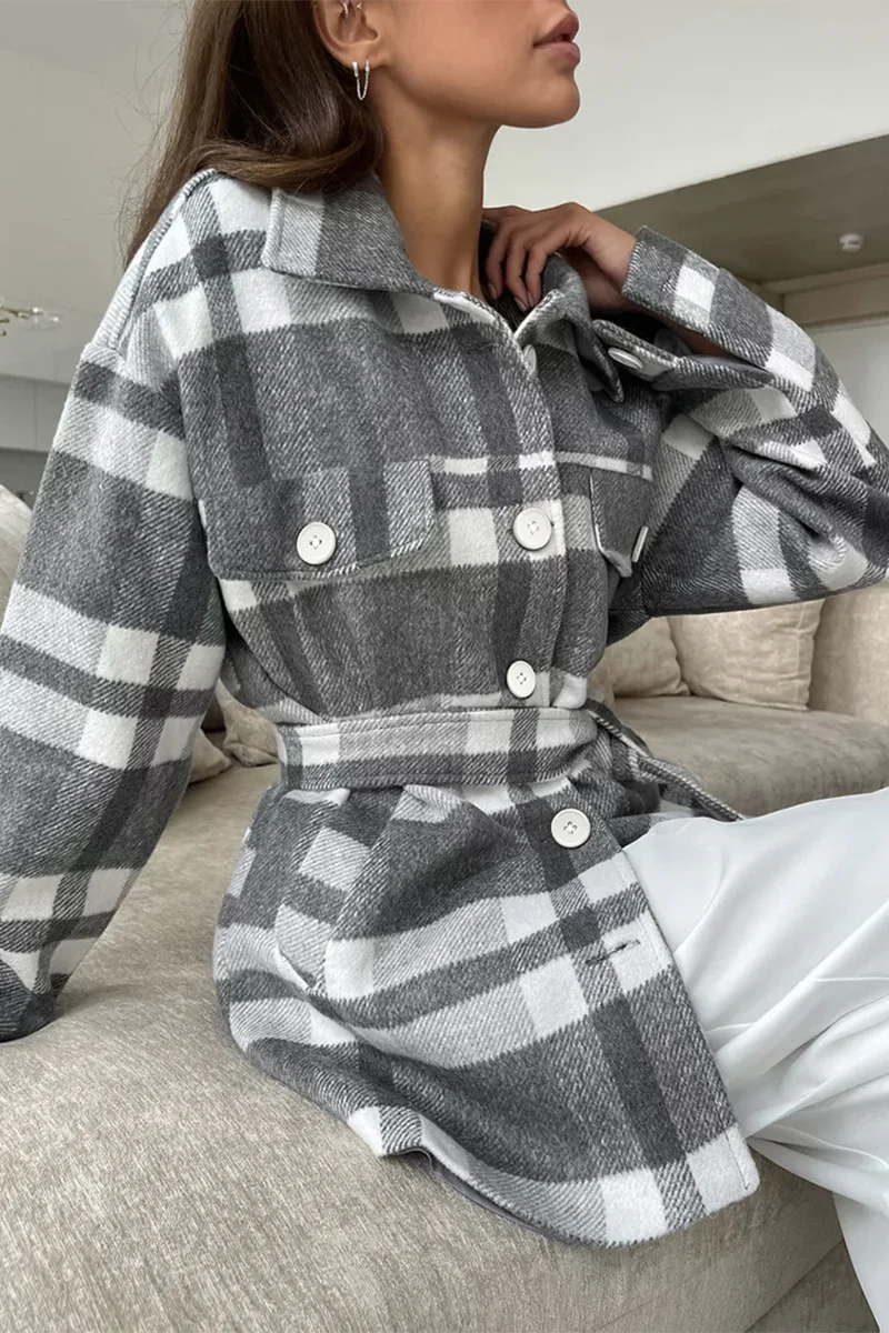 Casual Plaid Lace Up Buttons Contrast Gross Turndown Collar Outerwear - Panekey