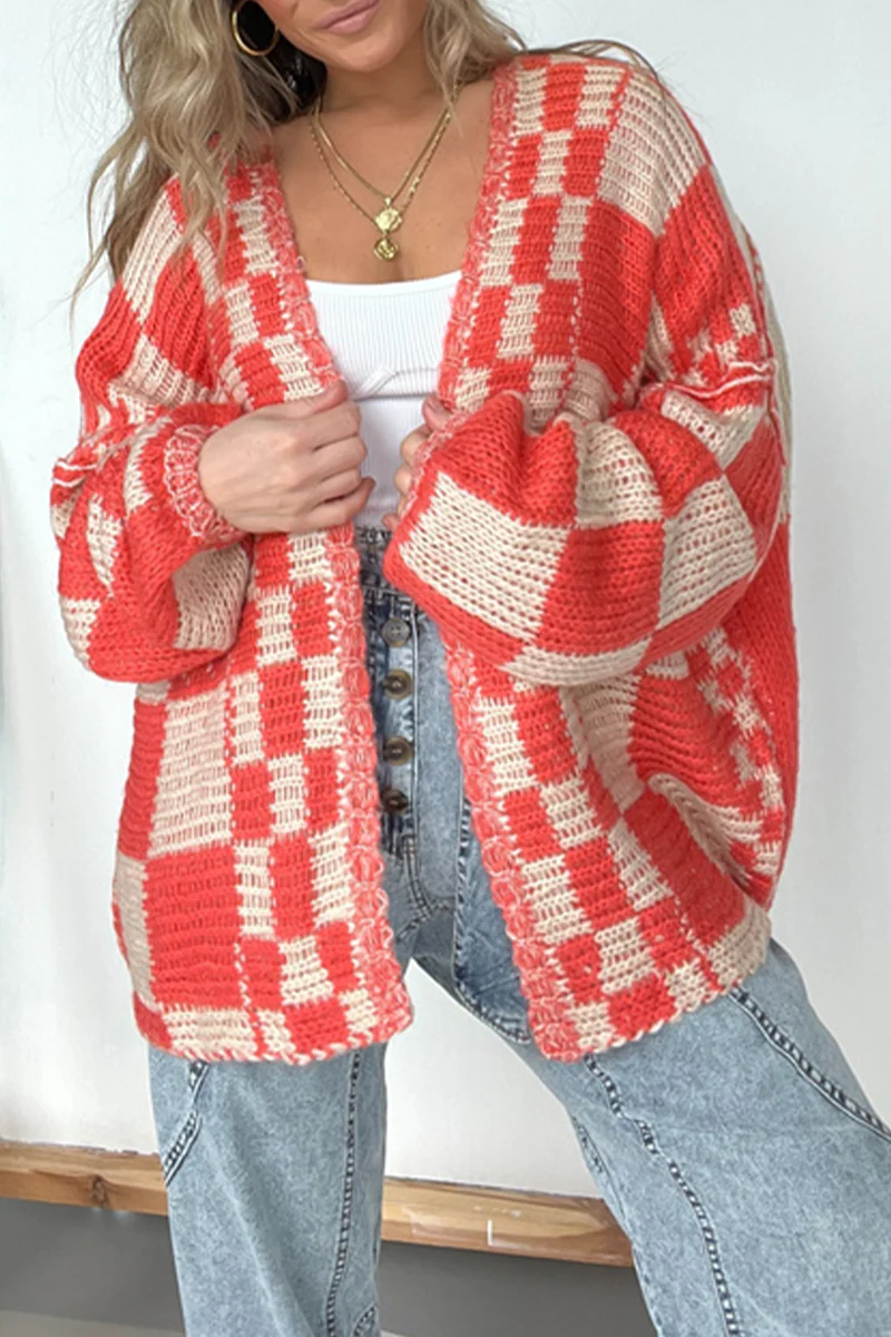 Casual Plaid Weave Contrast V Neck Outerwear(3 Colors) - Panekey