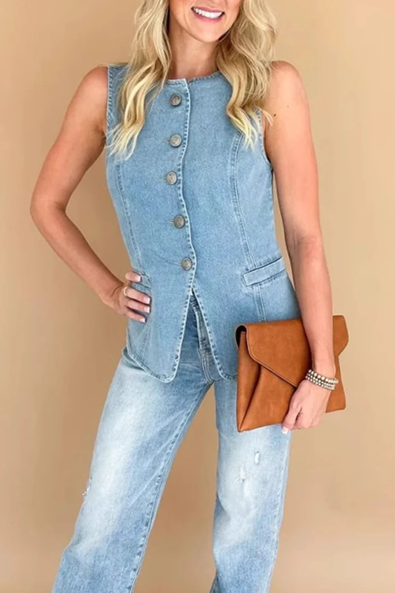 Casual Daily Buttons O Neck Sleeveless Regular Denim Jacket - Panekey