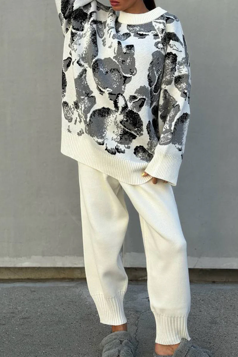 Casual Geometric Print Weave Contrast O Neck Long Sleeve Two Pieces - Panekey