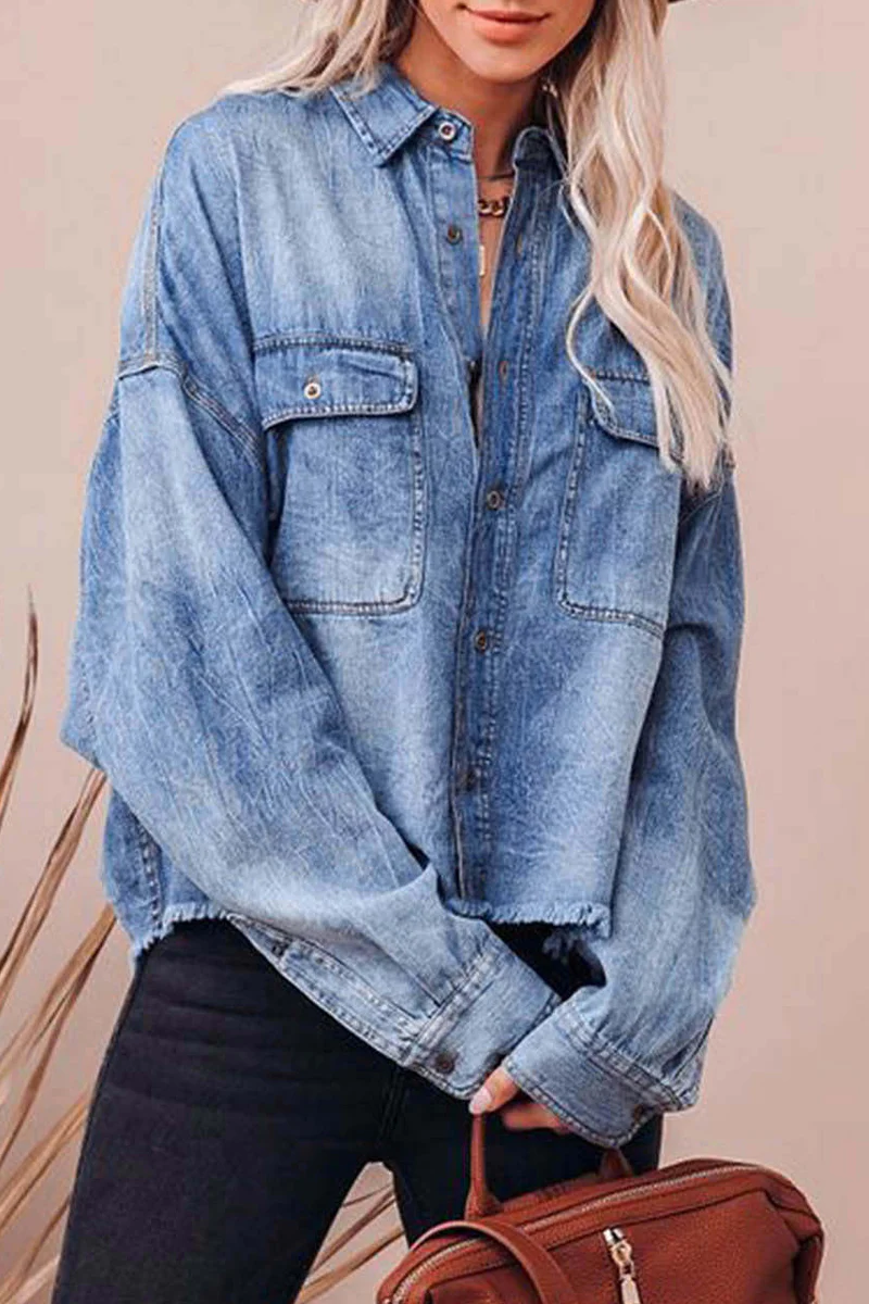 Casual Daily Gradient Color Pocket Contrast Turndown Collar Blouses - Panekey