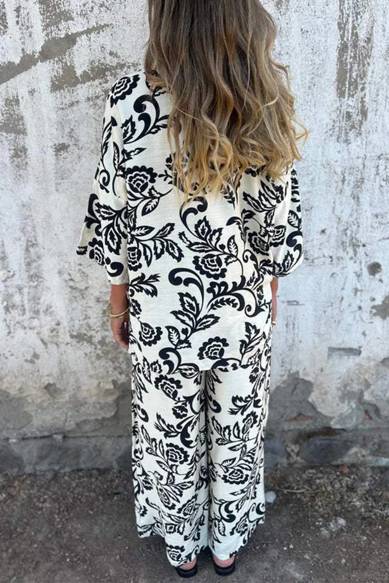 Casual Floral Print Pocket Contrast Turndown Collar Three Quarter Two Pieces - Panekey