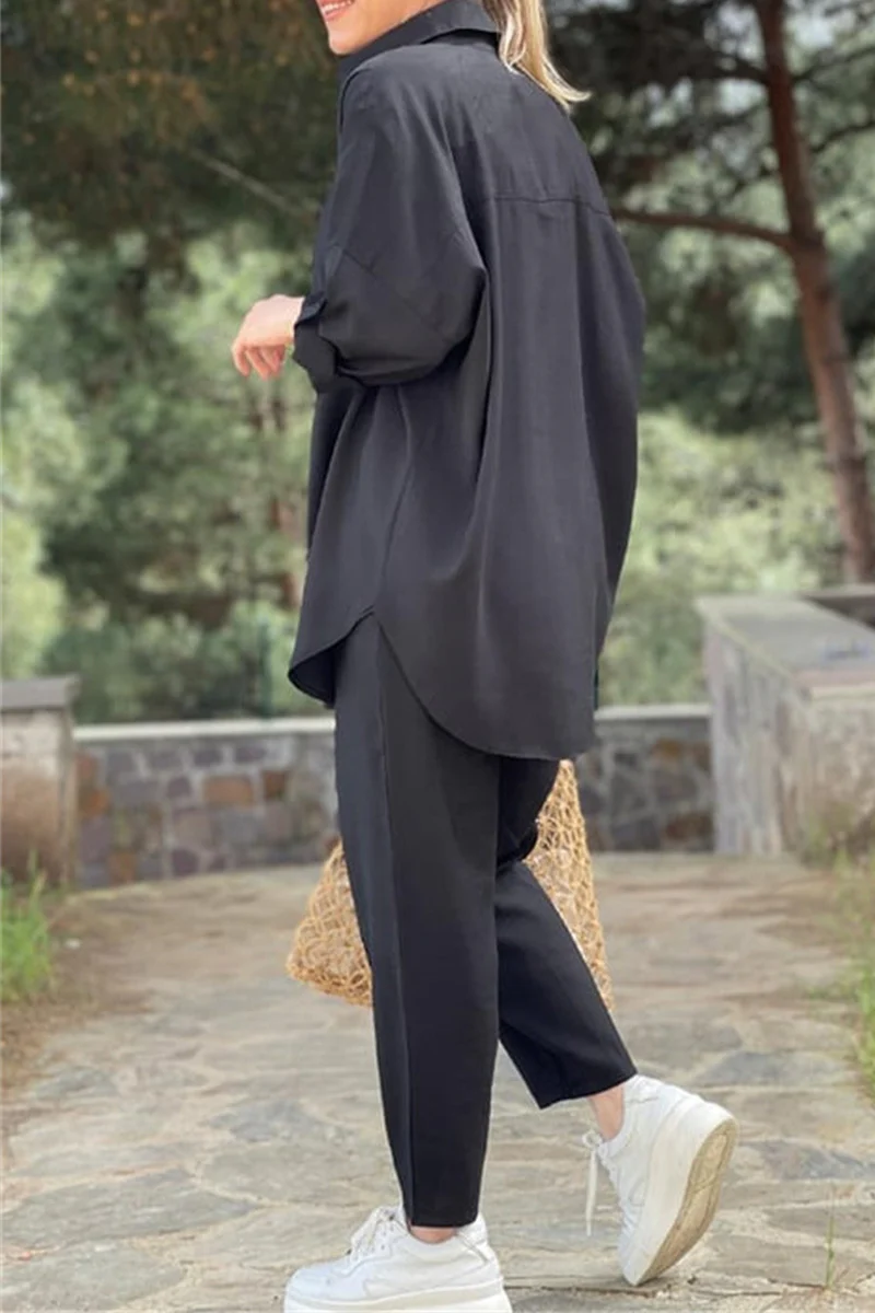 Casual Daily Solid Pocket Frenulum Turndown Collar Long Sleeve Two Pieces - Panekey