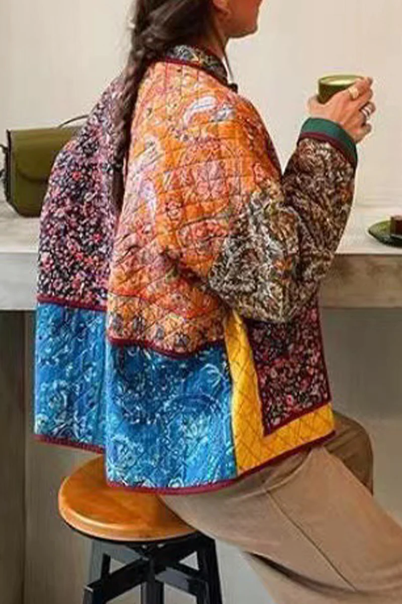 Casual Flowers Pocket Patchwork Contrast Mandarin Collar Outerwear - Panekey