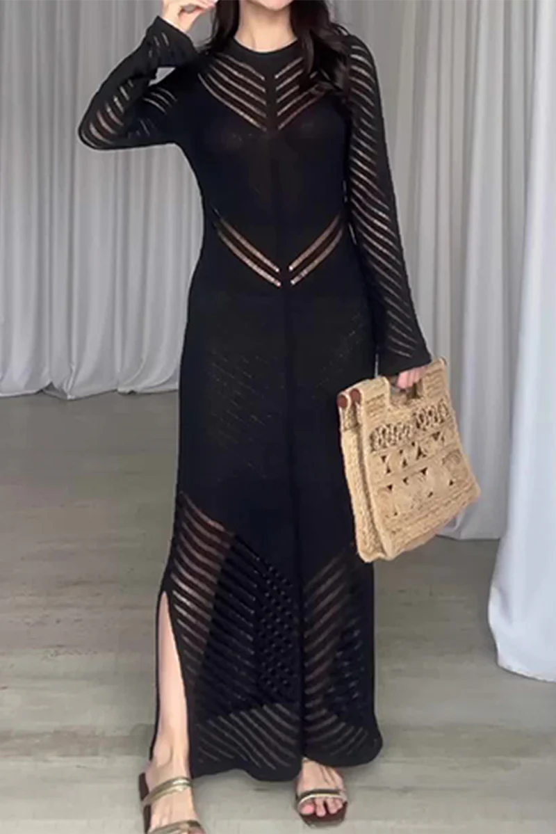 Casual Daily Solid Color Hollow Out Stringy Selvedge O Neck Wrapped Skirt Dresses - Panekey