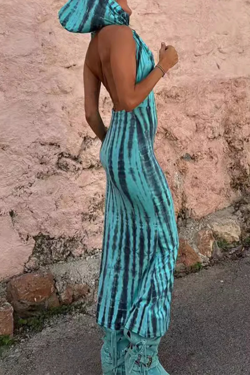 Casual Bohemian Geometric Print Backless Hooded Collar One Step Skirt Dresses(No Belt) - Panekey