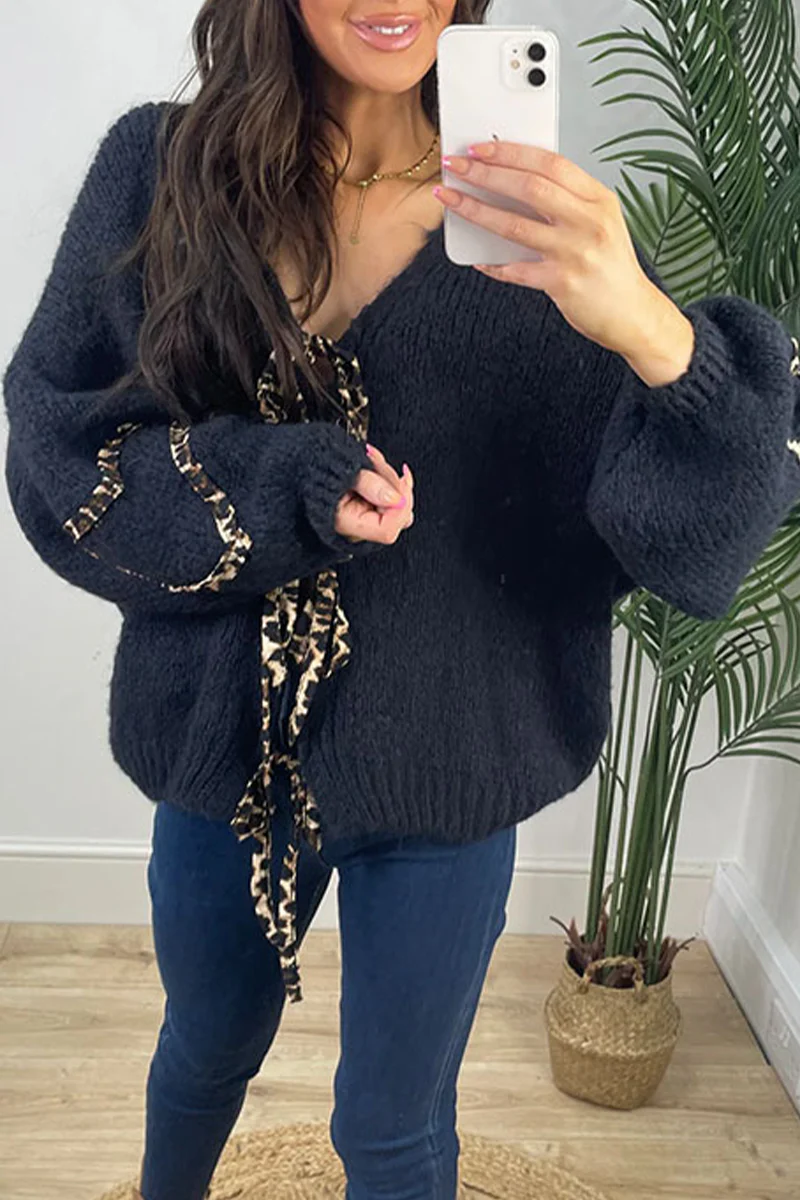 Casual Leopard Lace Up Patchwork Weave V Neck Outerwear(7 Colors) - Panekey