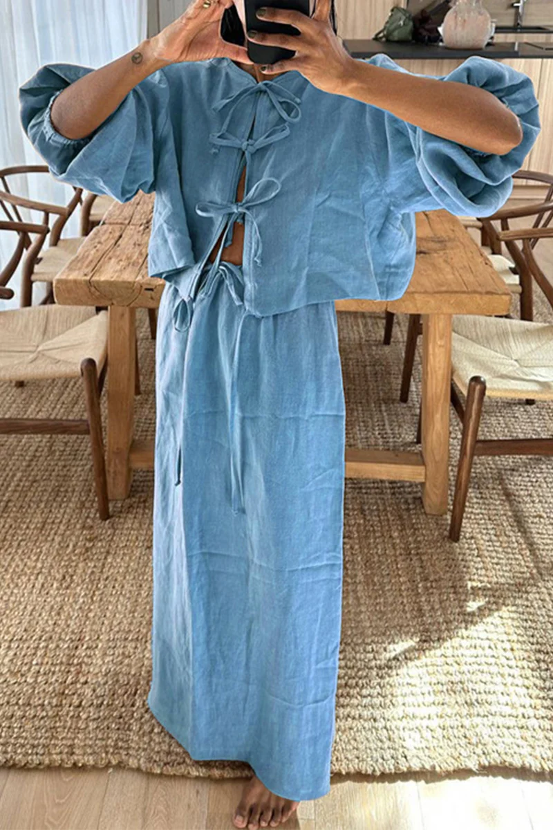 Casual Daily Solid Color Lace Up O Neck Long Sleeve Two Pieces - Panekey