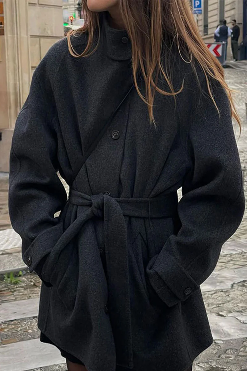 Casual Lace Up Buttons Gross Mandarin Collar Outerwear - Panekey