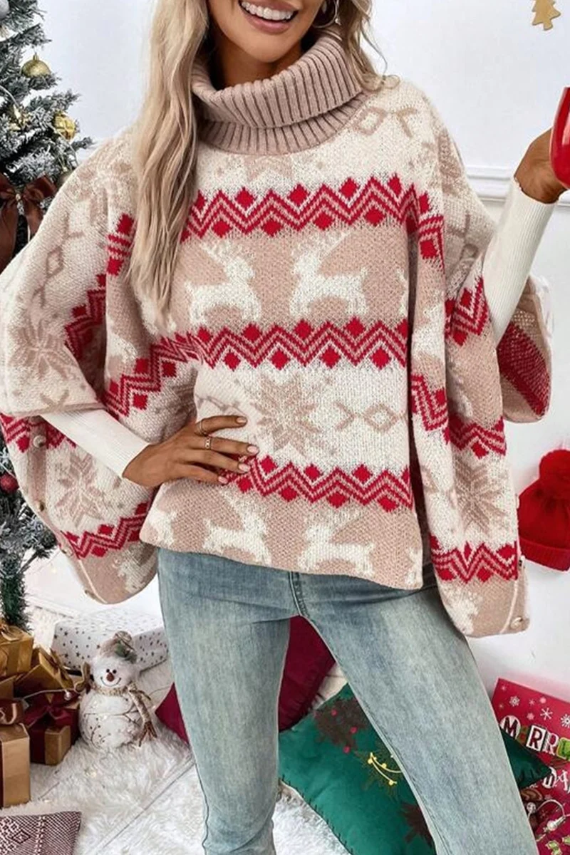 Casual Party Wapiti Snowflakes Weave Contrast Turtleneck Sweaters - Panekey