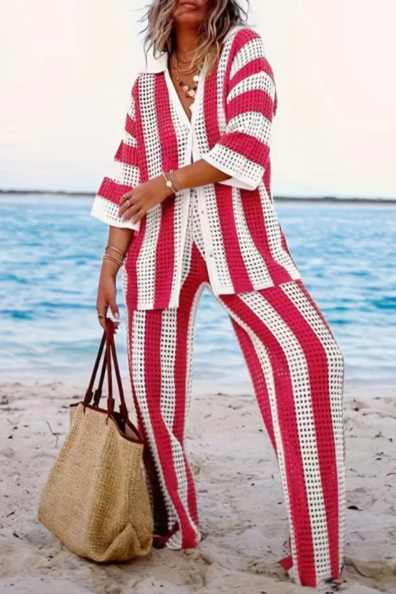 Casual Patchwork Hollowed Out Contrast V Neck Long Sleeve Two Pieces - Panekey