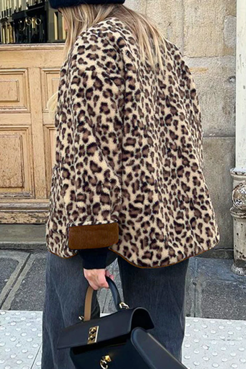 Casual Leopard Pocket Buttons Patchwork O Neck Outerwear - Panekey