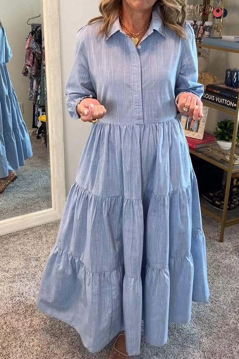 Casual Buttons Ruffle Turndown Collar A Line Dresses(6 Colors) - Panekey