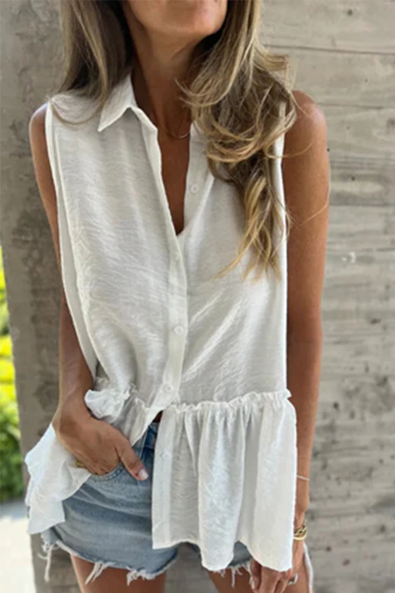 Casual Buttons Pleated Flounce Turndown Collar Blouses(3 Colors) - Panekey