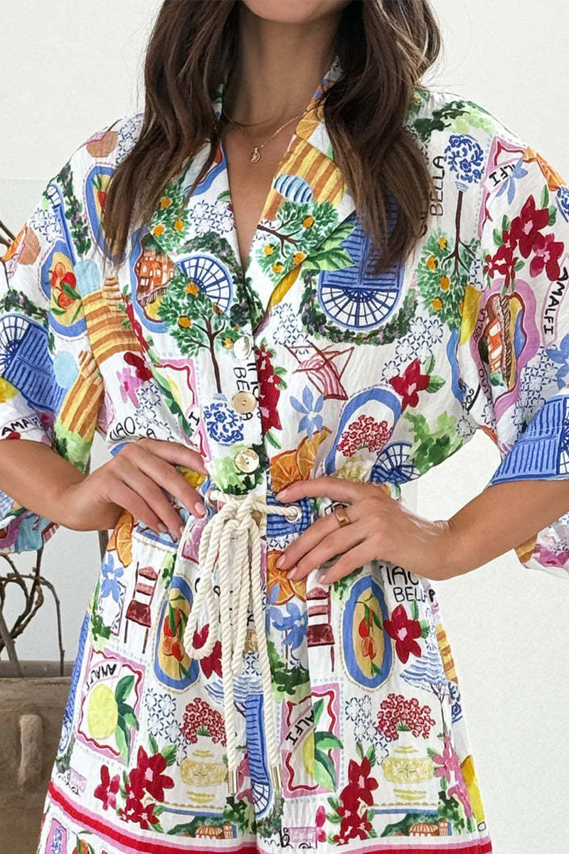 Casual Graffiti Print Draw String Contrast Turn-back Collar Loose Rompers - Panekey