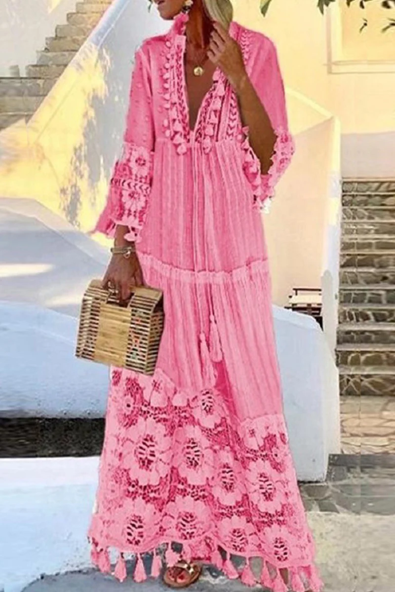 Casual Patchwork Lace V Neck Mesh Dress Dresses(4 Colors) - Panekey