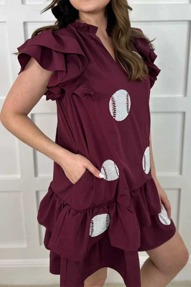 Casual Geometric Print Embroidered Sequins Pocket Ruffle V Neck Irregular Dresses - Panekey