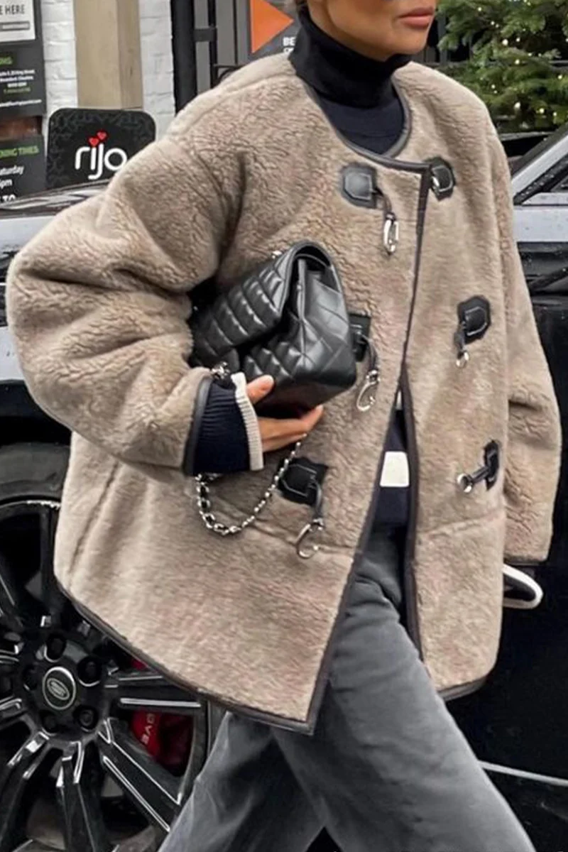 British Style Elegant Solid Buttons U Neck Outerwear - Panekey