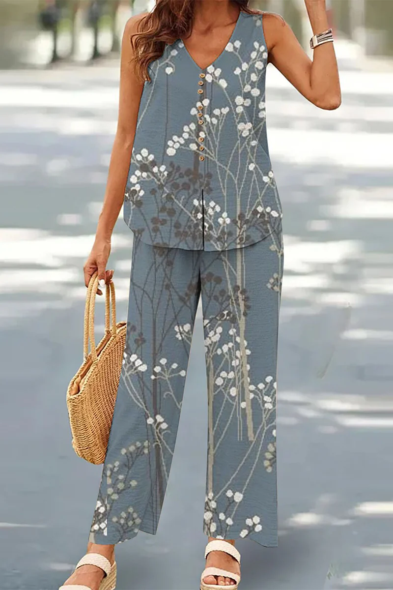 Casual Buttons V Neck Sleeveless Two Pieces(17 Colors) - Panekey