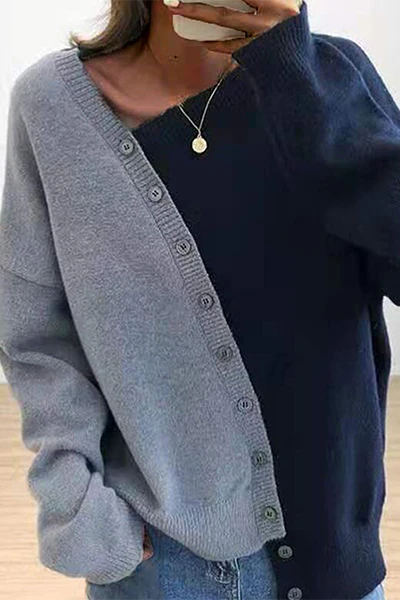 Casual Patchwork Buckle Contrast Oblique Collar Tops Sweater - Panekey