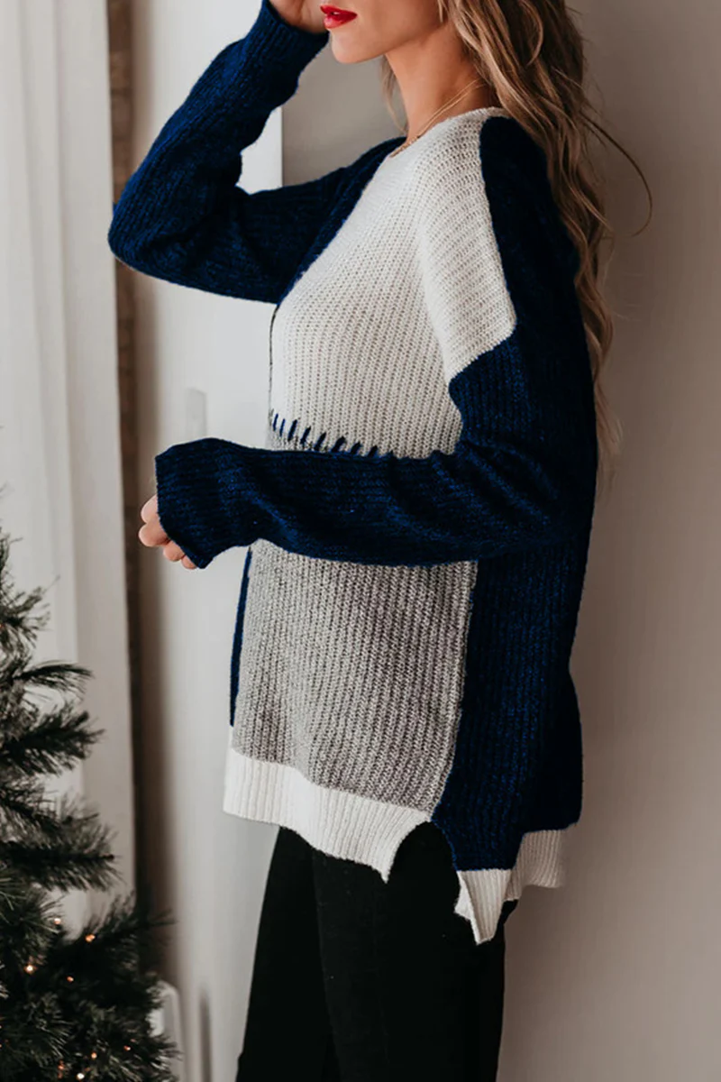 Casual Color Lump Split Joint O Neck Tops - Panekey