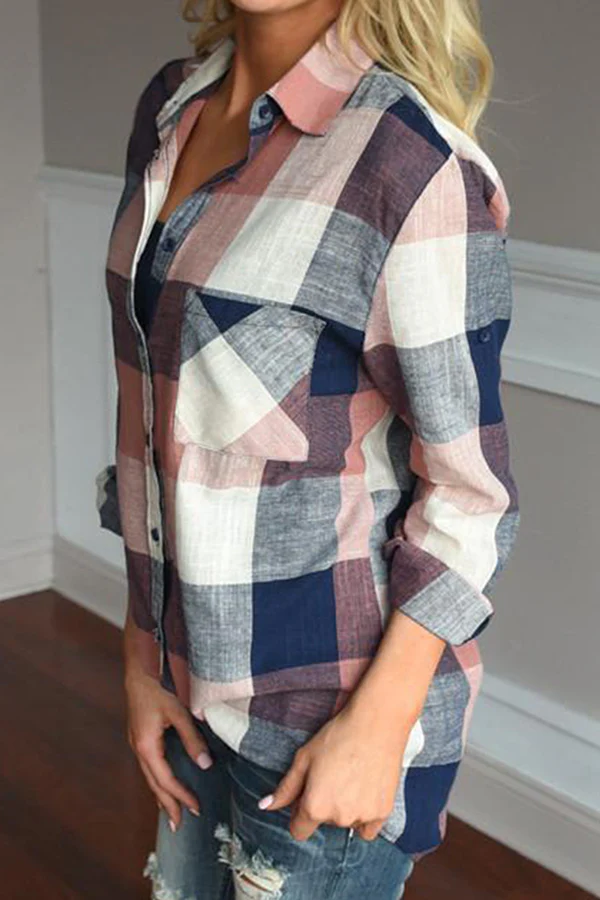 Casual Plaid Pocket Buckle Turndown Collar Tops - Panekey
