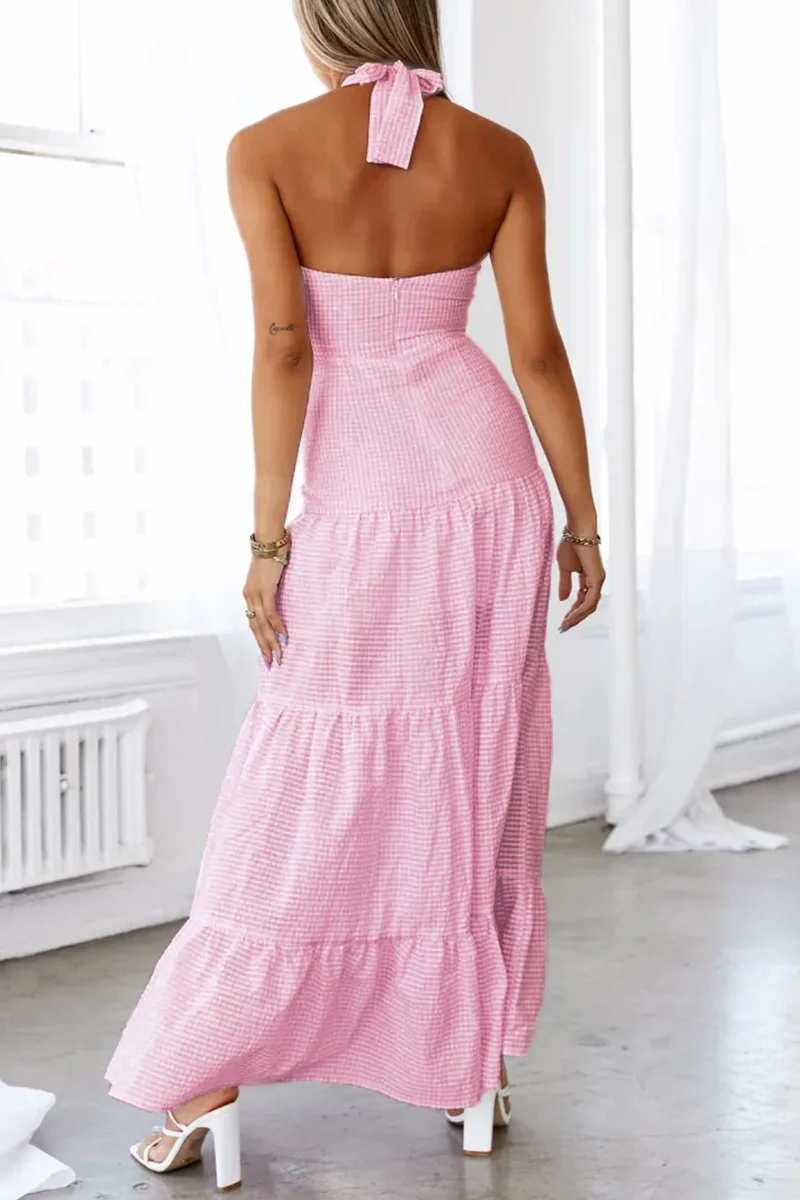 Casual Jacquard Lace Up Halter Long Dresses - Panekey