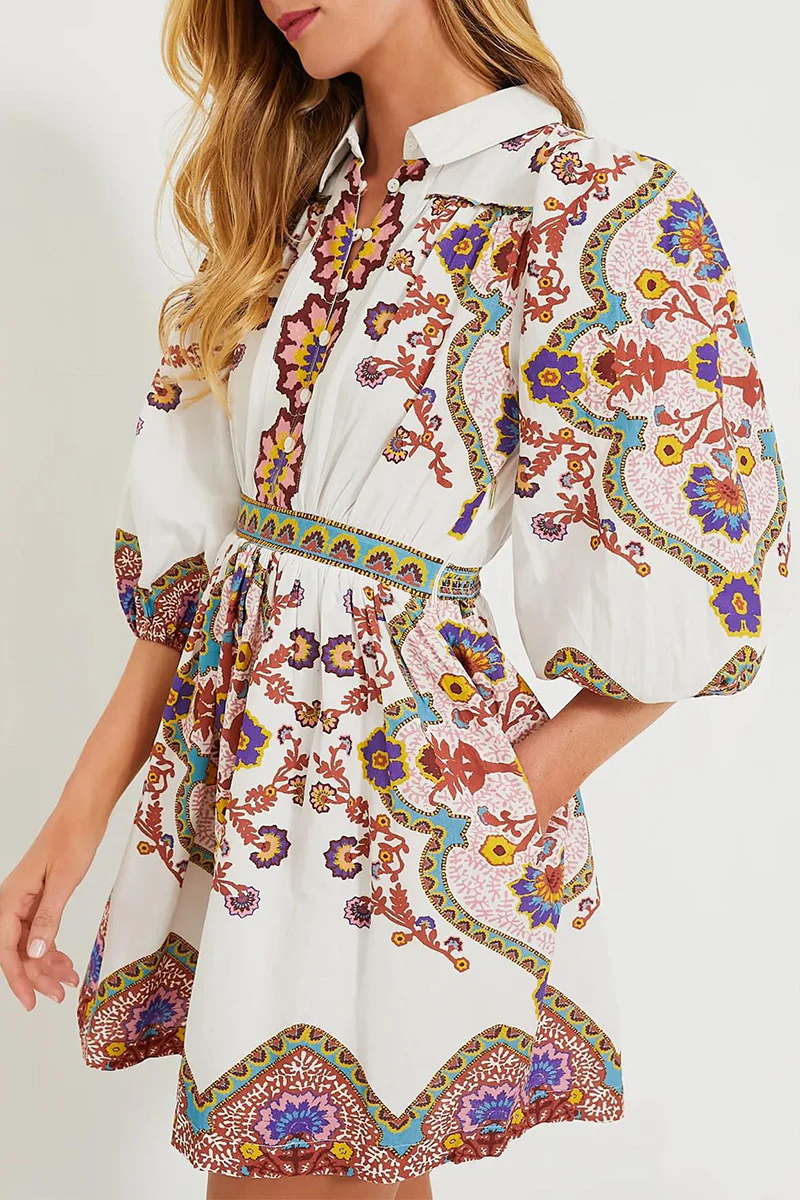 Casual Daily Floral Print Pocket Buttons Turndown Collar A Line Dresses - Panekey