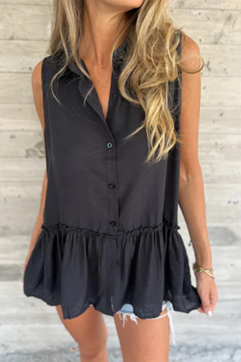 Casual Buttons Pleated Flounce Turndown Collar Blouses(3 Colors) - Panekey