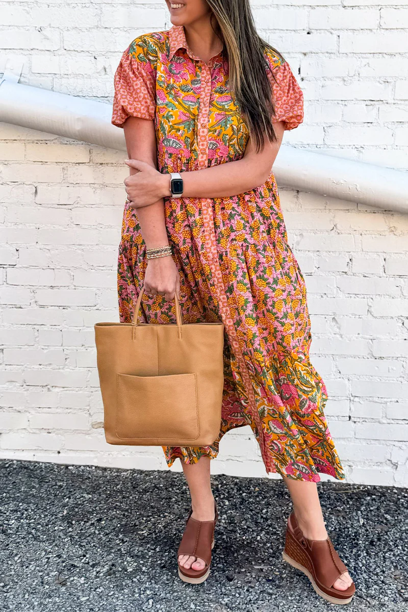 Casual Daily Floral Print Buckle Turndown Collar A Line Dresses - Panekey