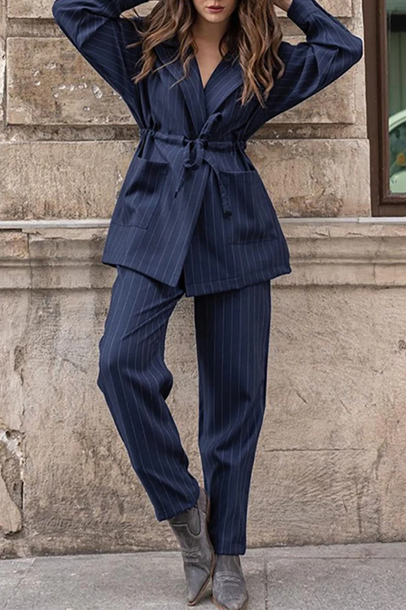 British Style Elegant Striped Bandage Turn-back Collar Long Sleeve Two Pieces - Panekey