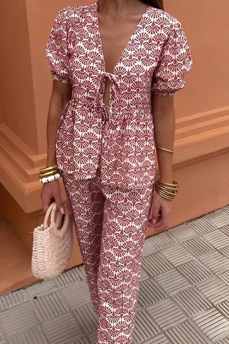 Casual Daily Lace Up V Neck Short Sleeve Two Pieces(3 Colors) - Panekey