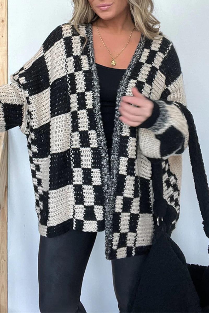 Casual Plaid Weave Contrast V Neck Outerwear(3 Colors) - Panekey