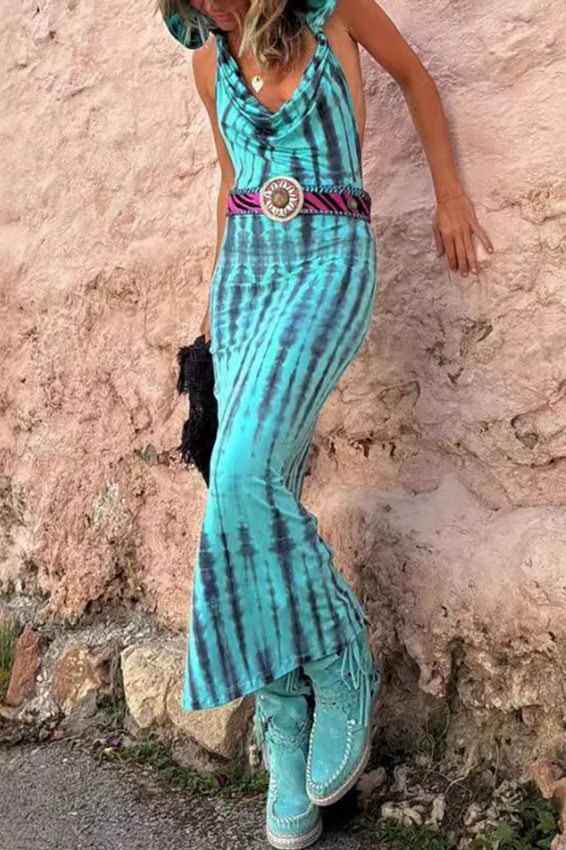 Casual Bohemian Geometric Print Backless Hooded Collar One Step Skirt Dresses(No Belt) - Panekey