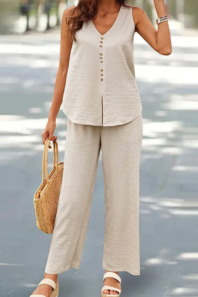 Casual Buttons V Neck Sleeveless Two Pieces(17 Colors) - Panekey