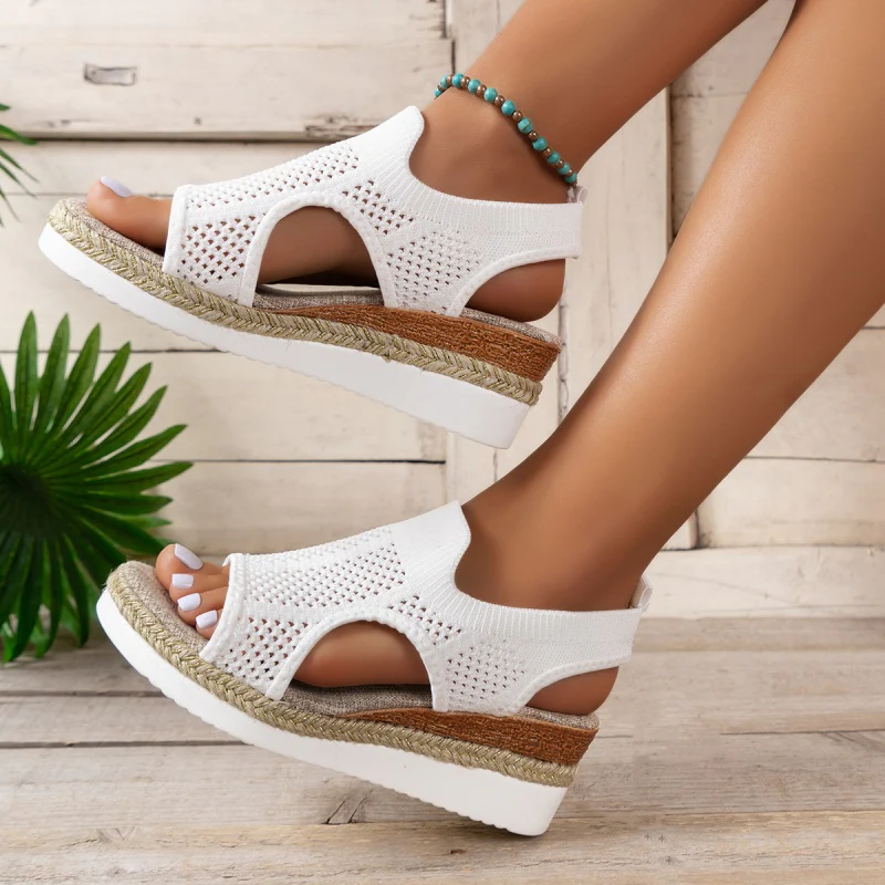 Casual Hollowed Out Patchwork Contrast Fish Mouth Out Wedges Shoes (Heel Height 2.16in) - Panekey