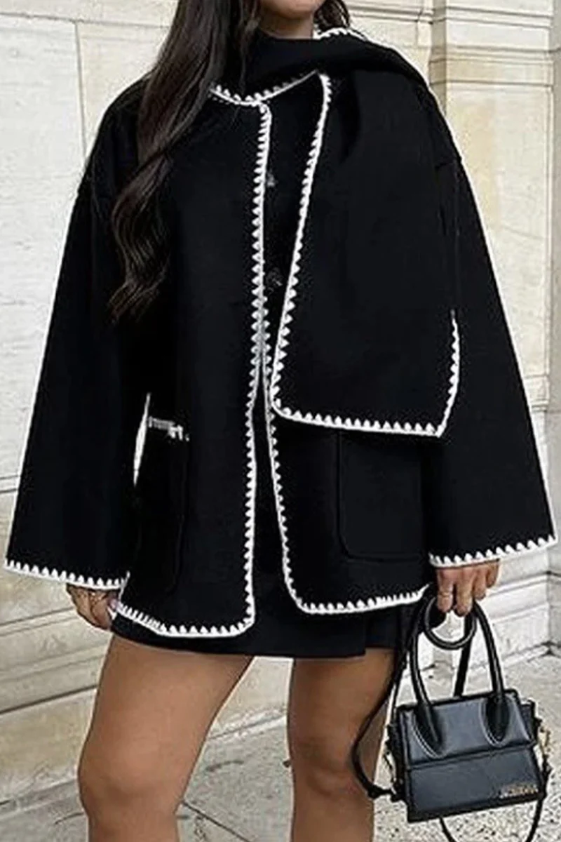 Casual British Style Solid Buttons Contrast Scarf Collar Outerwear - Panekey