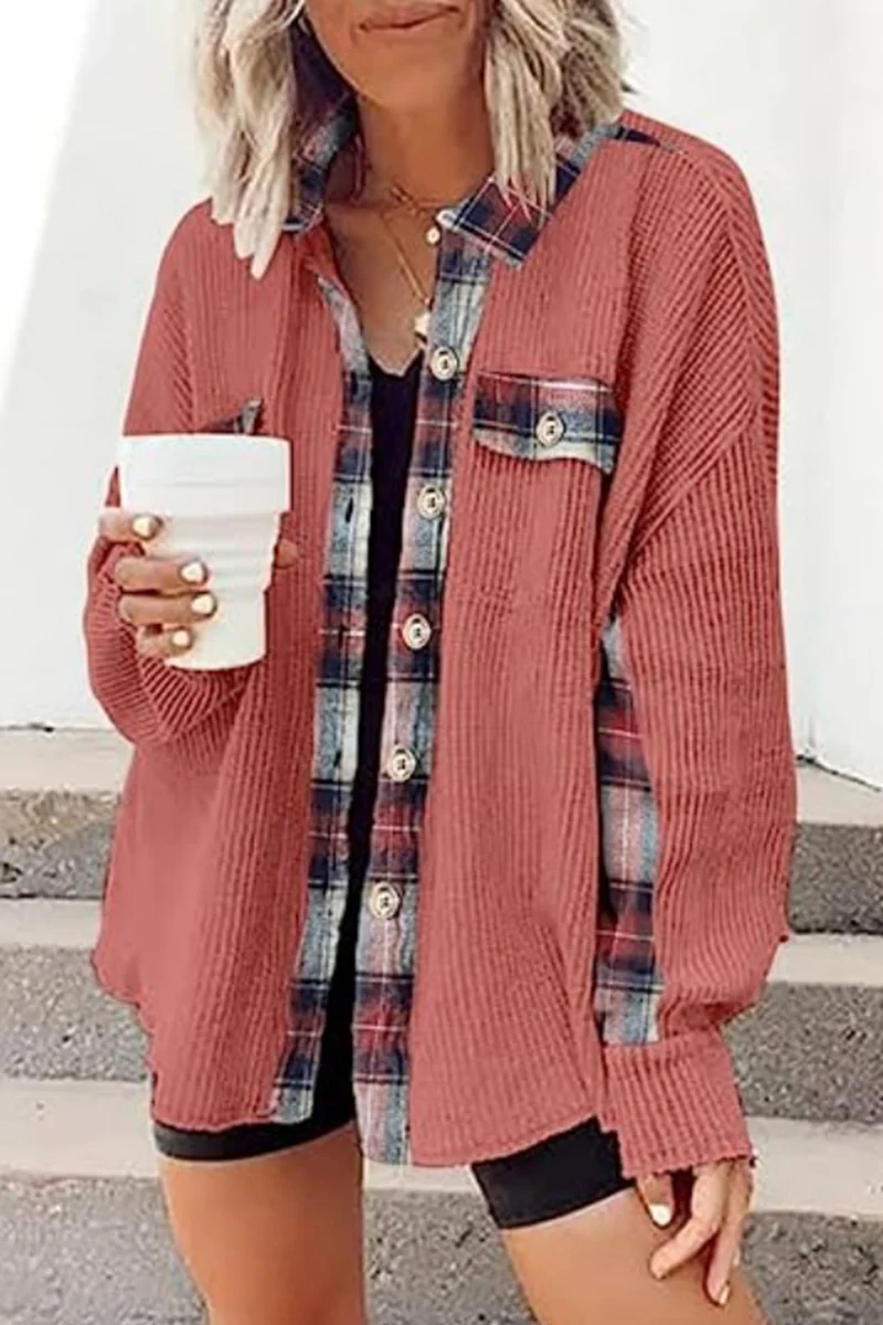 Casual Color Block Pocket Contrast Turndown Collar Tops - Panekey