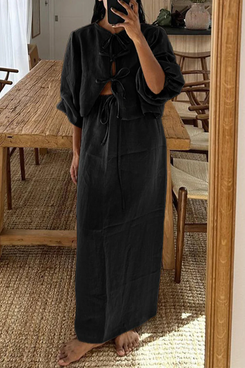 Casual Daily Solid Color Lace Up O Neck Long Sleeve Two Pieces - Panekey