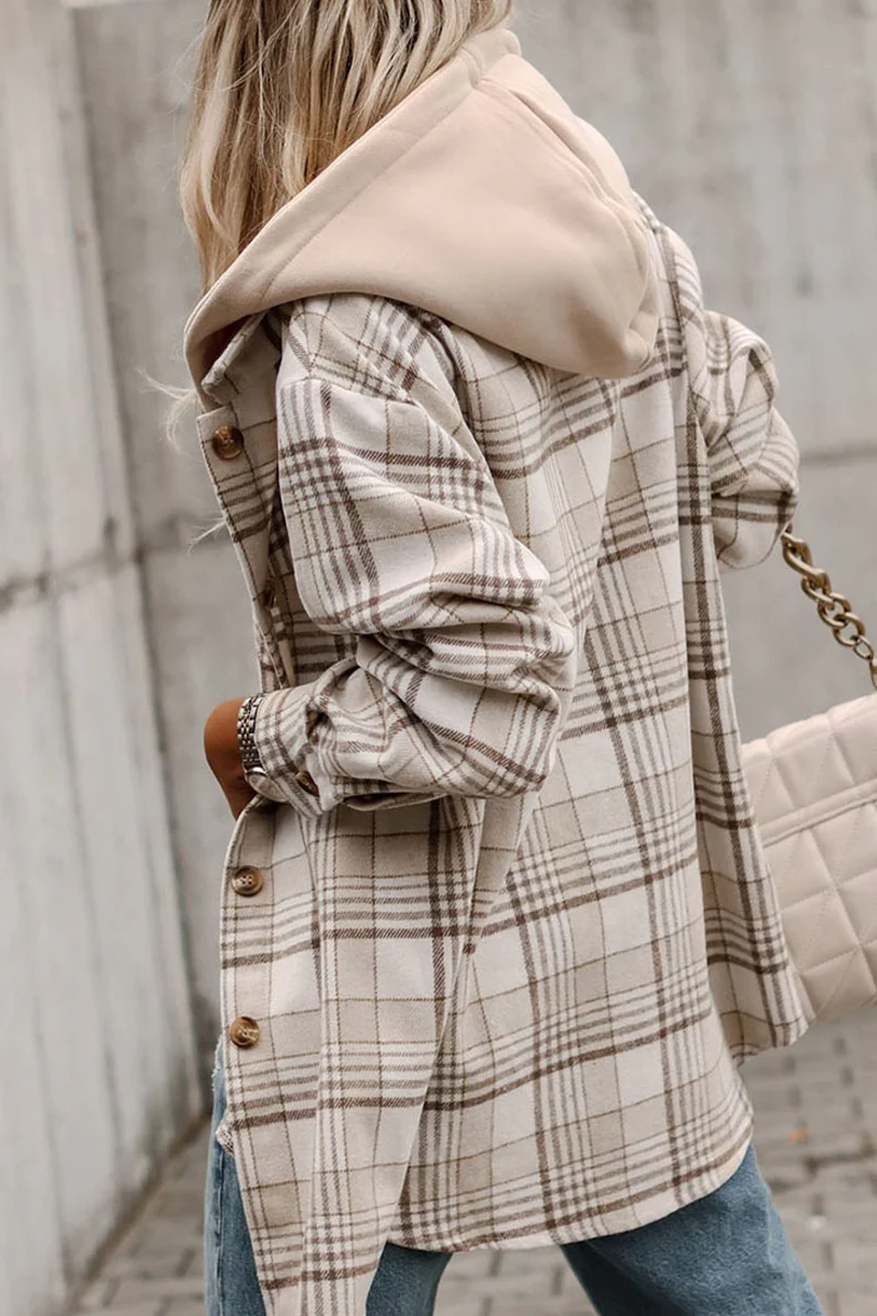 Casual Plaid Patchwork Hooded Collar Outerwear - Panekey