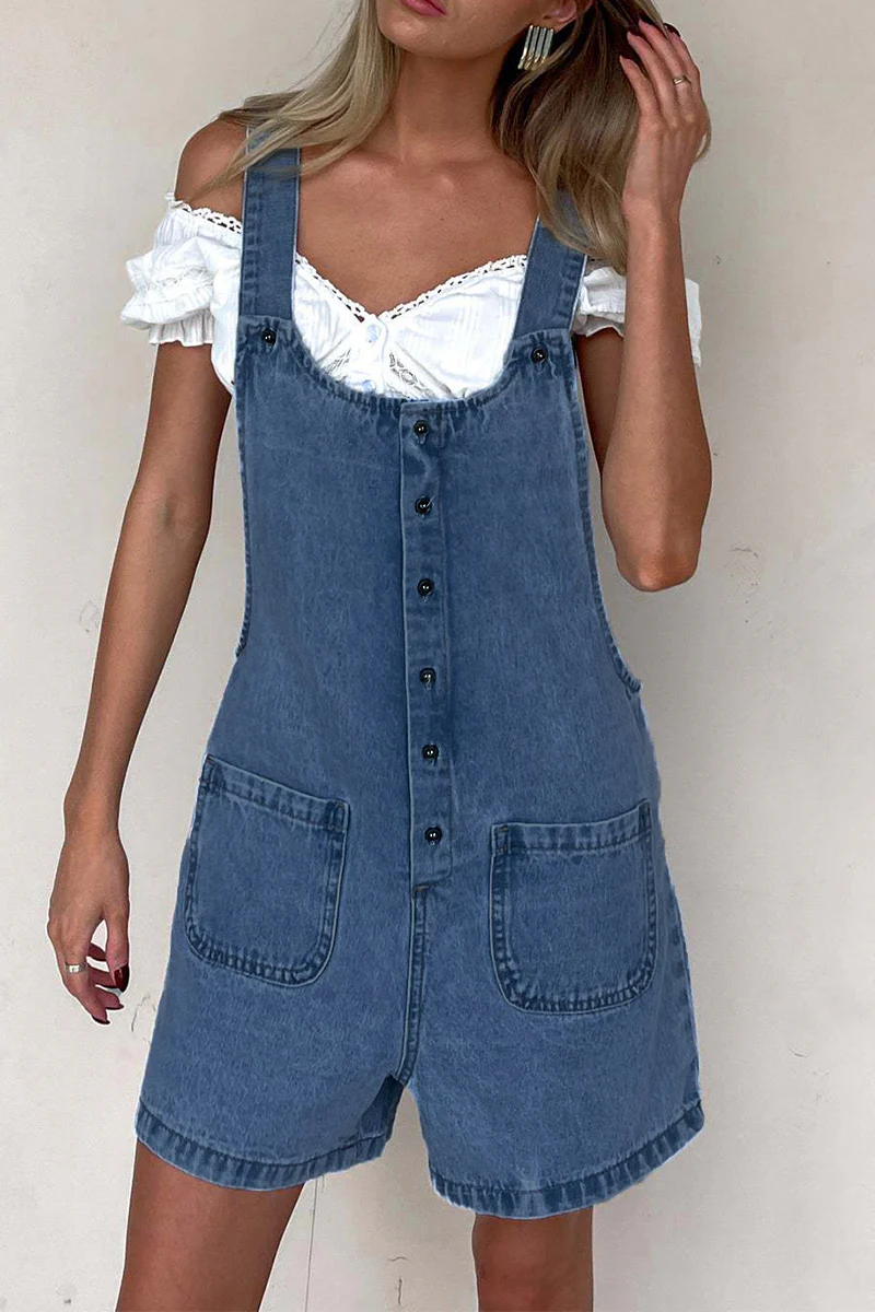 Casual Pocket Buttons U Neck Loose Rompers - Panekey