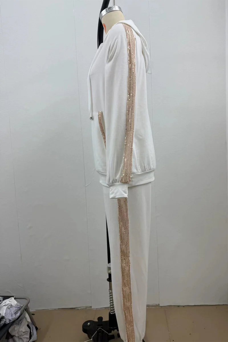 Casual Daily Sequins Draw String Pocket Hooded Long Sleeve Two Pieces(5 Colors) - Panekey