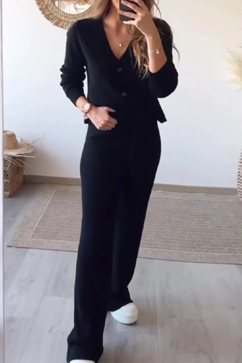 Casual Daily Solid Color Draw String Buttons V Neck Long Sleeve Two Pieces - Panekey