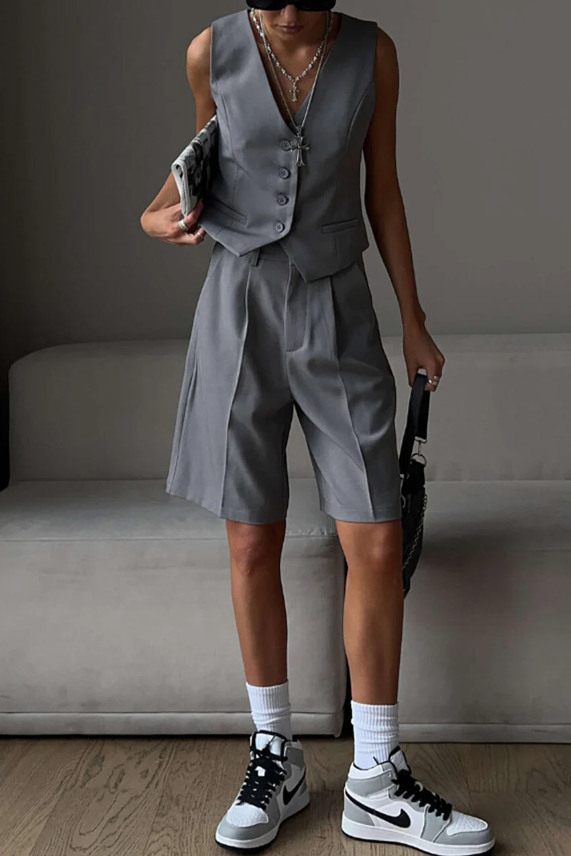 British Style Elegant Solid Pocket Buttons V Neck Sleeveless Two Pieces - Panekey